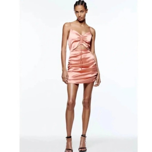 Zara Satin Cut Out Draped Ruched Mini Dress Peach Pink Sz S - Picture 11 of 11